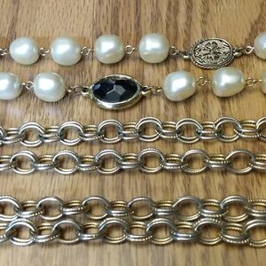 Elegant Goldtone Double Link Chain & Goldtone Faux Pearl Black Set/2 Necklaces